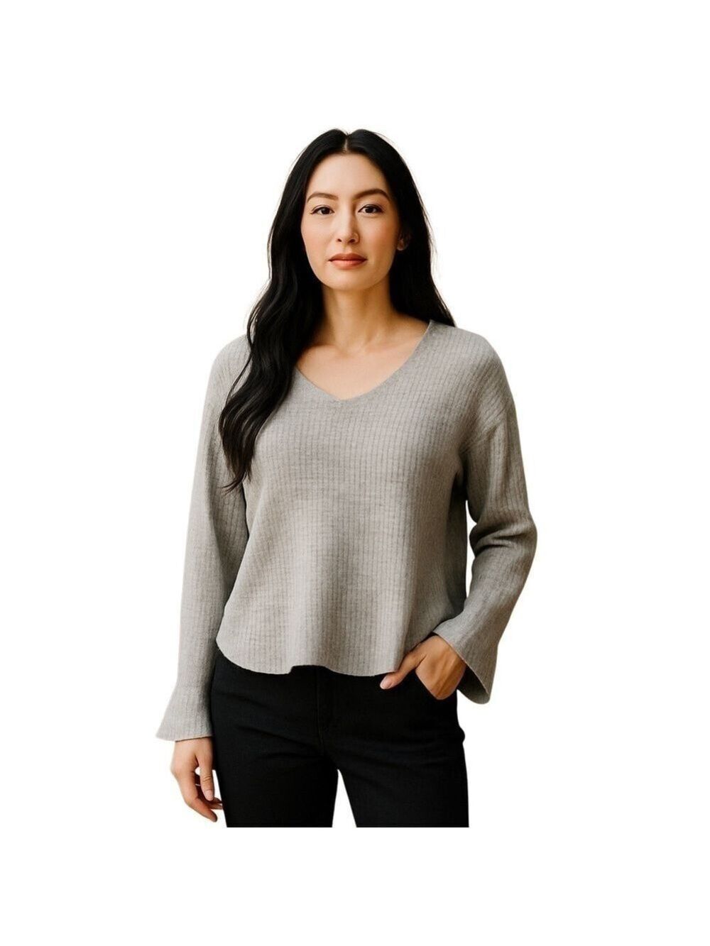 Vero Moda sweater blouse V Neck ruffle light grey melange wool size S